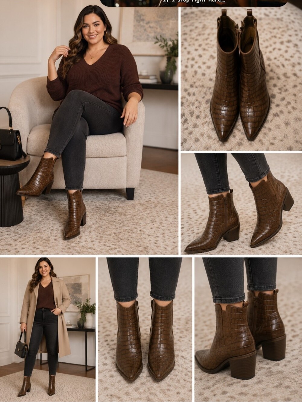 Brown Croc-Embossed Pointed Toe Ankle Boots - Women